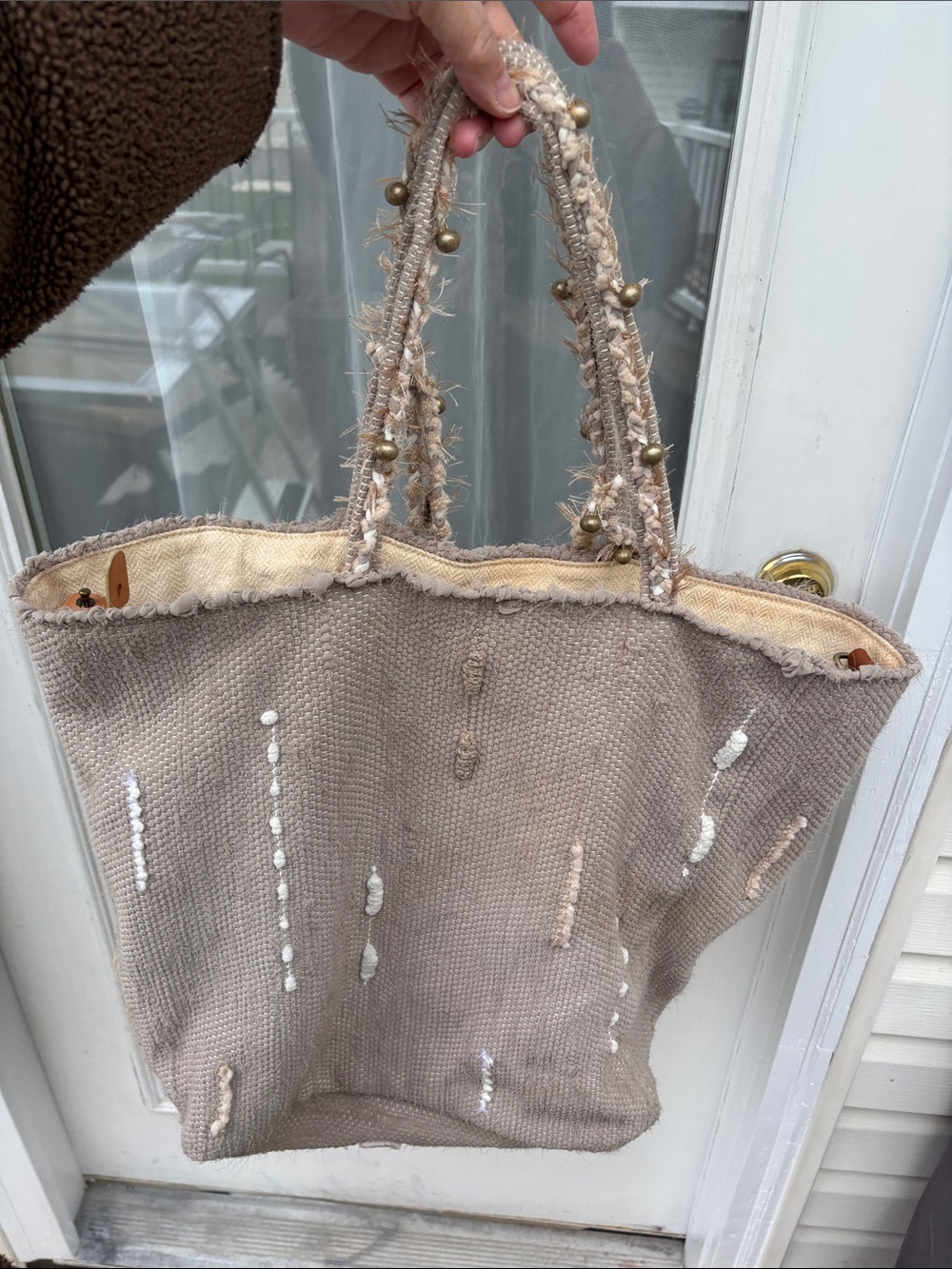 Ancient Greek Sandals Taupe Boho Beaded Braided Handles BOHO VASO TOTE BAG - Picture 14 of 14